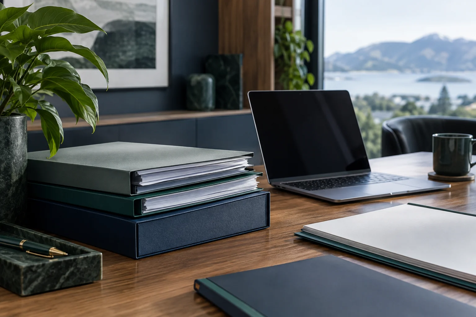 Organised project folders and a laptop on an office desk