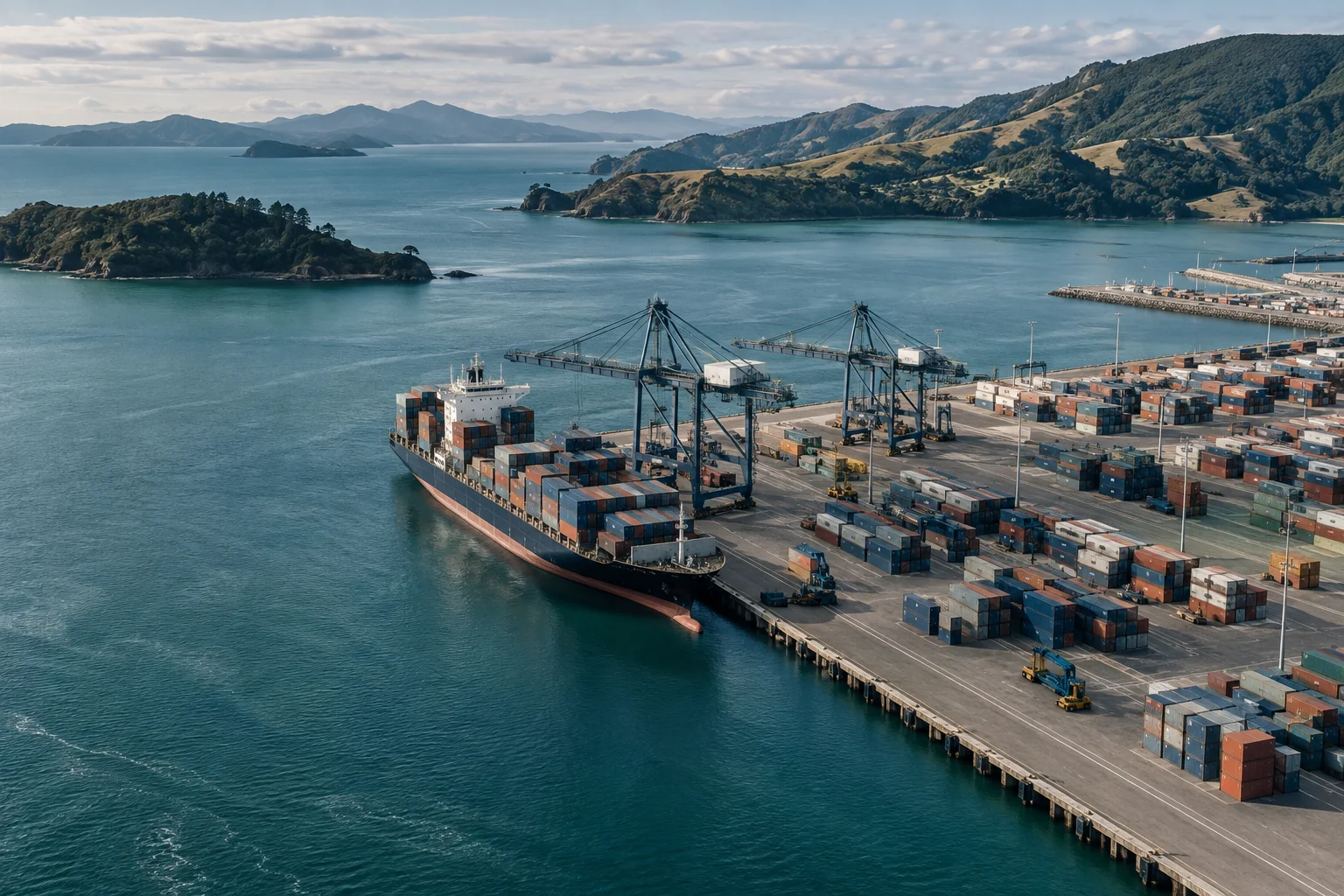 An orderly container port and cargo vessel beside blue-green water