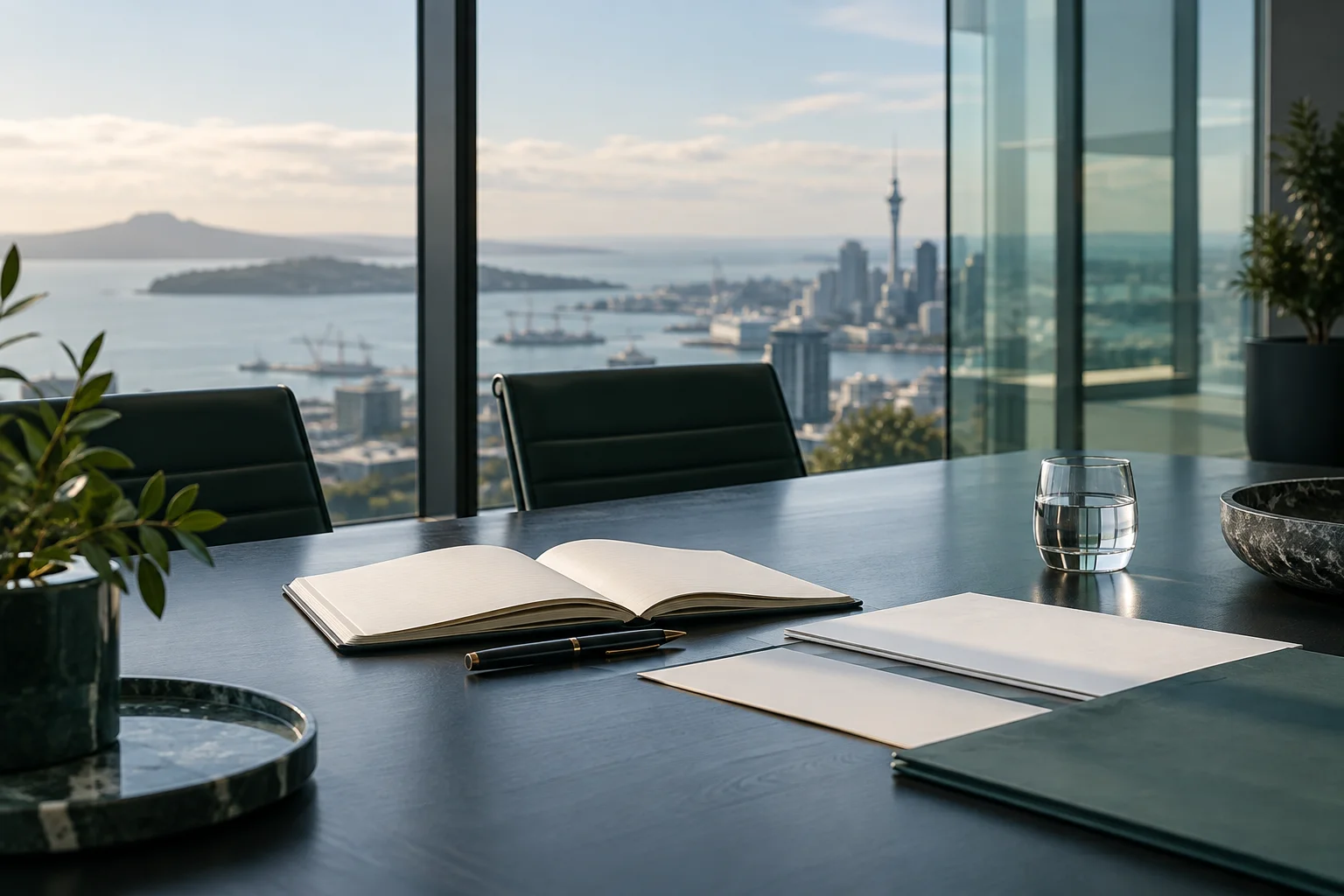 Planning documents and a notebook on a contemporary meeting room table
